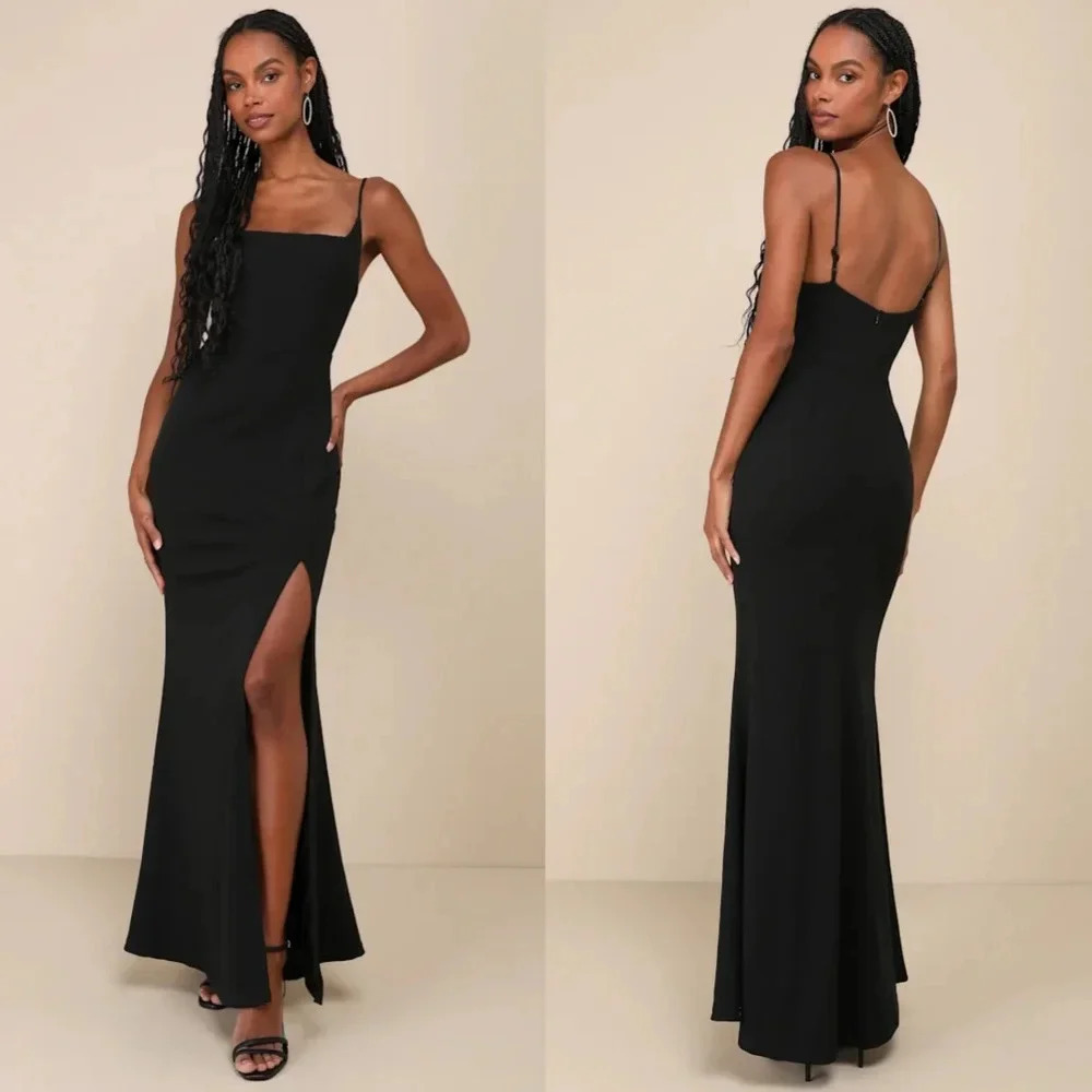 Lulu's Black Sheath Maxi Dress with Slit and Spaghetti Straps